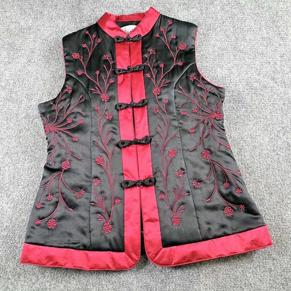 Vintage Y2K Cheongsam Vest Womens S Black Red Silk Fairy Whimsigoth Asian Floral